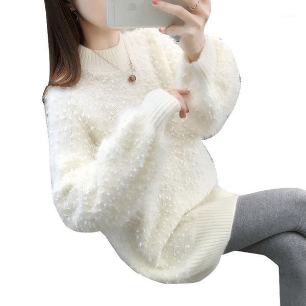 

fashion mink velvet women's sweaters 2020 new autumn and winter woman sweaters half high collar lantern sleeve knitted sweater1, White;black