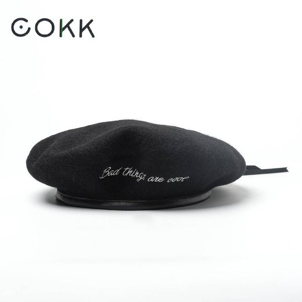 

cokk womens hats autumn winter wool beret embroidered letter leather brim beret cap hat female bones femininos boina gorras new 201026, Blue;gray