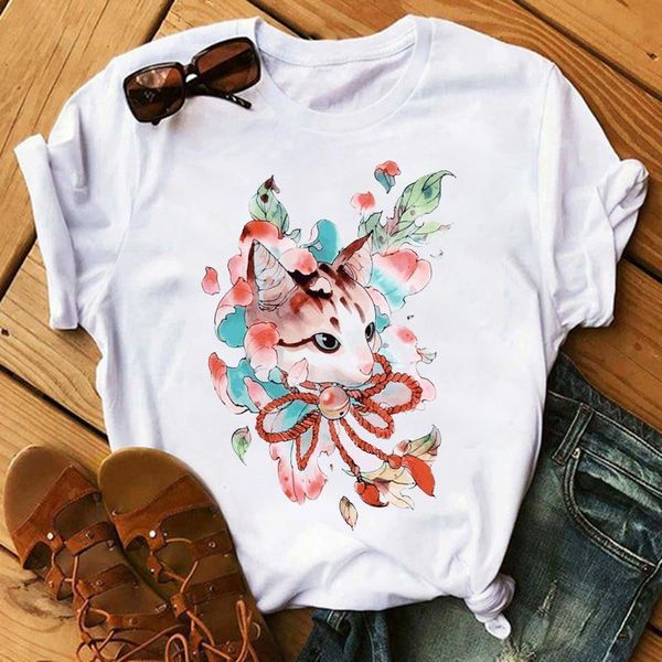 

new summer fashion women t shirt harajuku funny short sleeve ulzzang t-shirt cute cat tshirt cartoon tees female, White