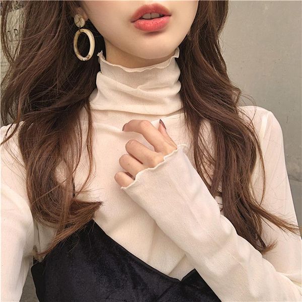 

solid color fungus high womens t-shirt neck lace see through women retro temperament mesh office lady splice, White