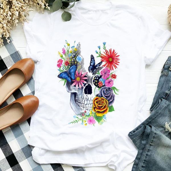 

women lady floral butterfly skull 90s fall autumn halloween print tshirt female t tee womens shirt clothes graphic t-shirt, White