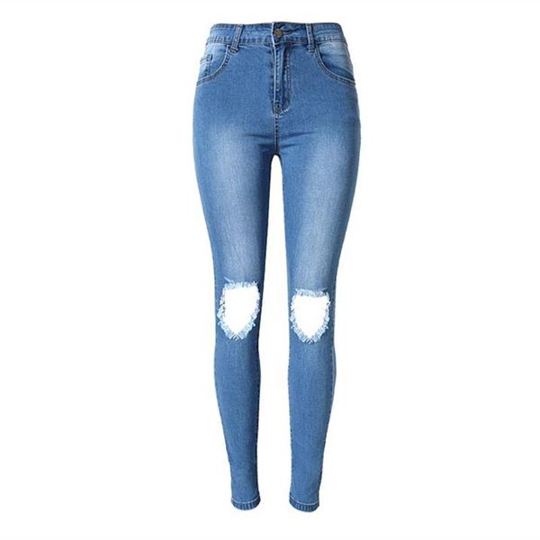 

women's jeans fashion high waist distressed woman ripped pencil pants hole for women denim jean skinny pantalon, Blue
