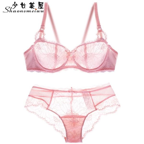 

shaonvmeiwu ultra-thin perspective lace bra set no sponge large size fat mm transparent underwear bra female 210122, Red;black