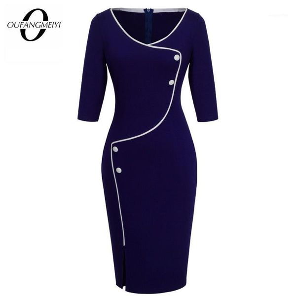 

women brief button elegant solid color retro round neck bodycon office lady dress eb3291, Black;gray