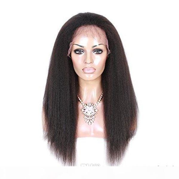 

kinky straight human hair lace front wig with baby hair pre plucked glueless virgin brazilian coarse italian yaki full lace wigs for women, Black;brown