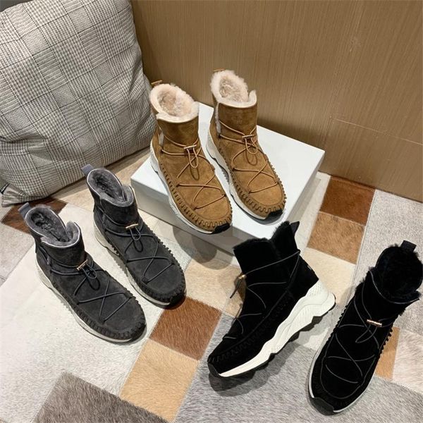 

winter boots women 2020 short snow boots round toe lace-up platform shoes thickened wool lining warm leather woman shoes, Black