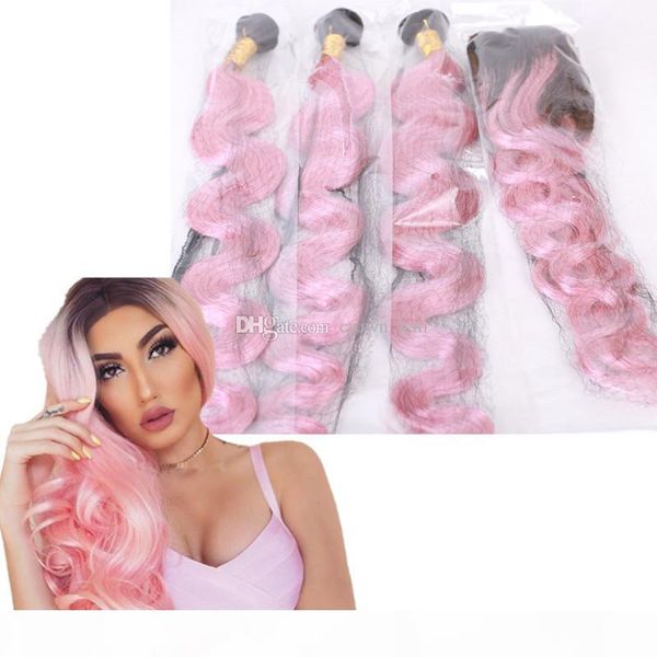 

ombre human hair bundles with lace frontal dark root 1b pink human hair weft with ear to ear frontal closure 4pcs lot, Black