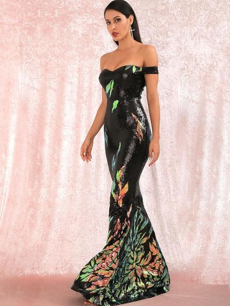 

love&lemonade off shoulder fishtail hem sequin dress she, Black;gray