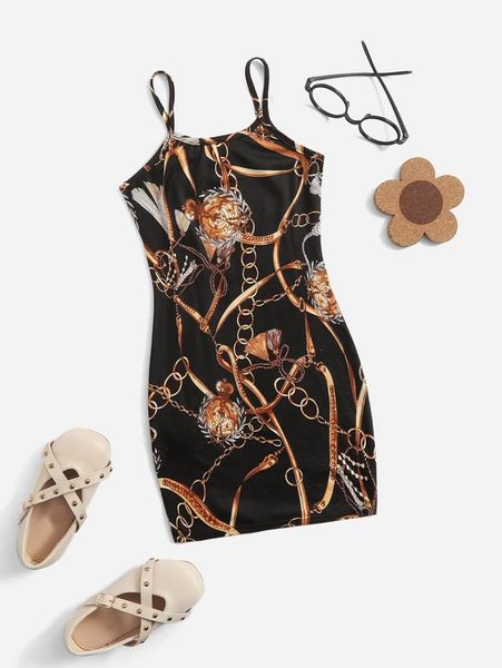 

toddler girls chain print cami dress she, Red;yellow