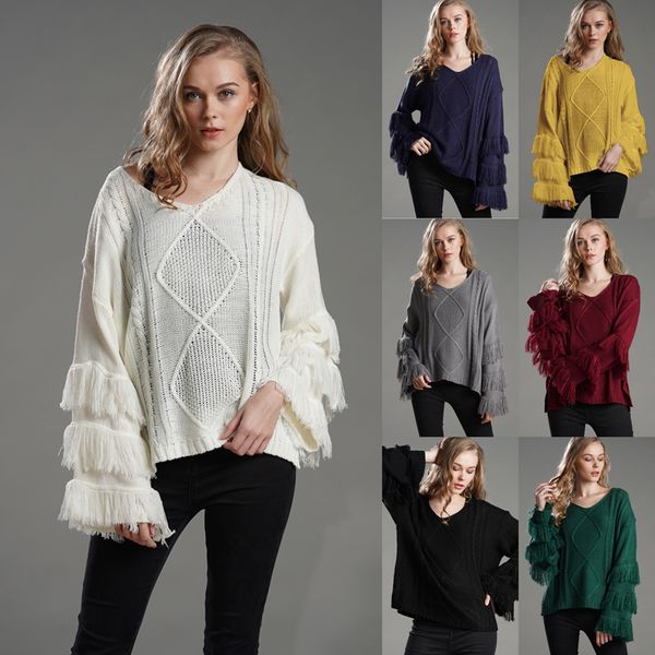 

flared sleeves women clothing pullover fashion tassel solid knitting ladies trendy casual multicolor t shirt fall winter new, White;black