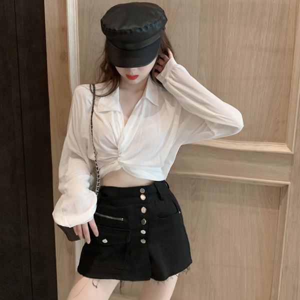 

autumn 2020 new design v-neck short lace up long sleeve temperament white shirt for women