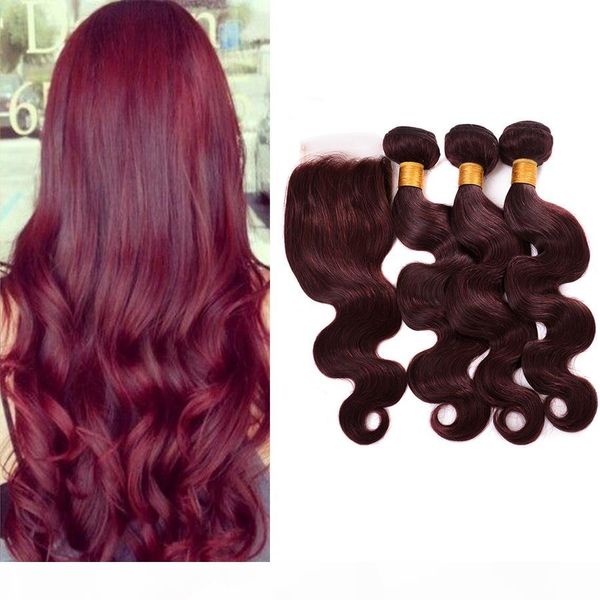 

99j brazilian peruvian virgin hair body wave hair with closure human hair with closure 3 bundles with closure, Black;brown