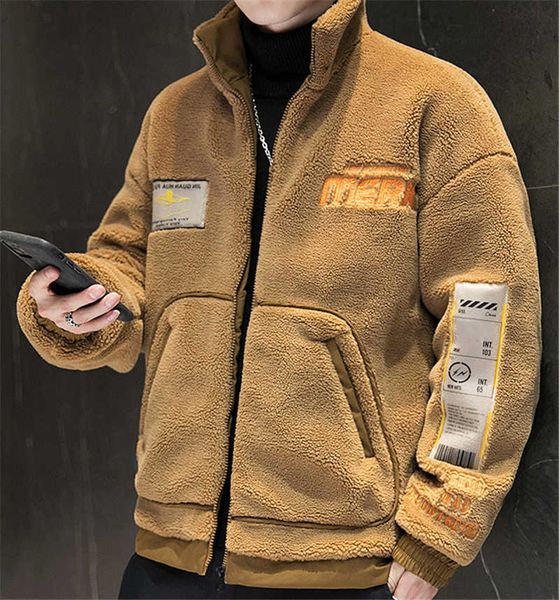 

lamb velvet jacket men's cotton-padded jacket trend handsome all-match autumn and winter plus velvet thick padded jacket winter warm cl, Black