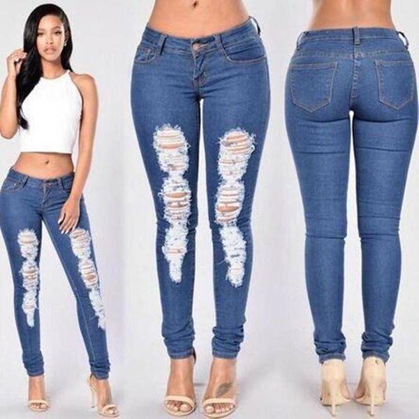 

with holes jeans skinny pants women's, Blue