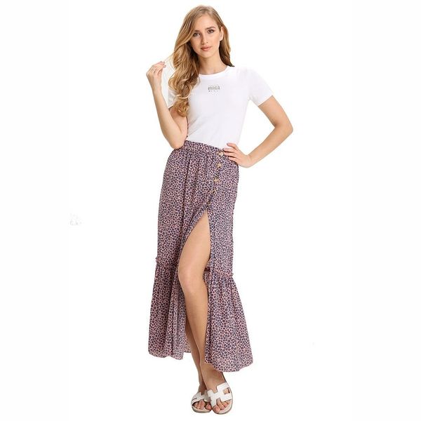 

high waisted floral pleat vintage split skirt, Black;pink