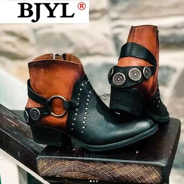 

2020 new women ankle boots ladies pu rivet metal buckle women boots retro square heel mixed color fashion platform1, Black