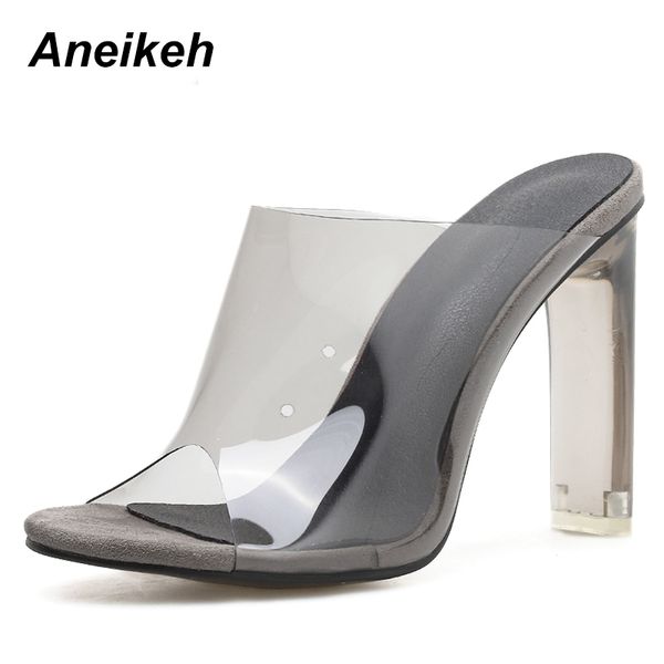 

aneikeh 2019 pu spring/autumn fashion solid transparent pumps women high heel peep toe high square heels wear for casual 35-42 1007, Black;white