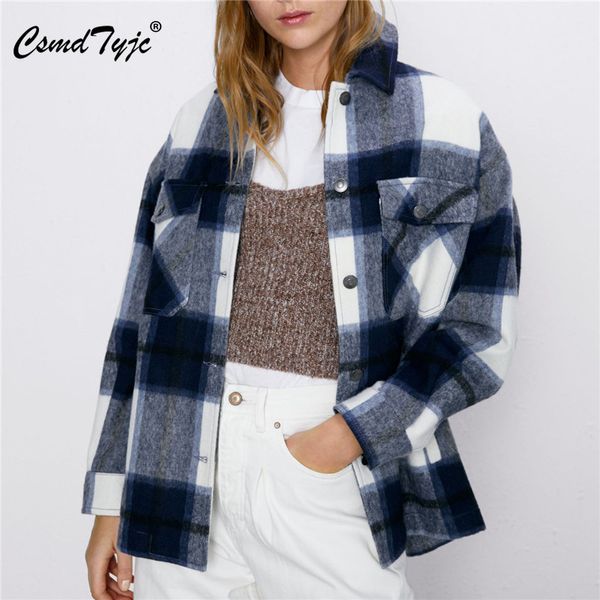 

stylish pockets oversized plaid jacket coat turn-down collar long sleeve loose outerwear autumn chic jackets 201028, Black;brown