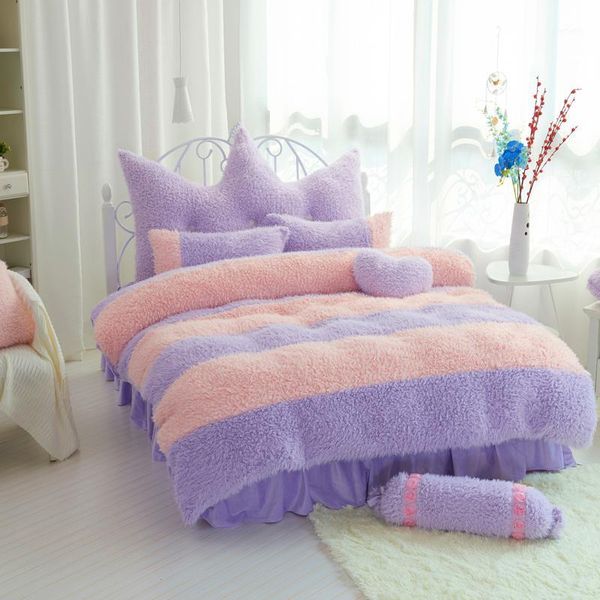 

3/4pcs stripe design patchwork bedding set luxury warm plush shaggy duvet cover set bed skirt pillowcases twin full  king1