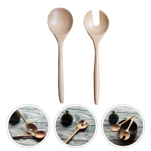 

1 set 2pcs salad spoon round wood spoon and fork salad servers wood color1