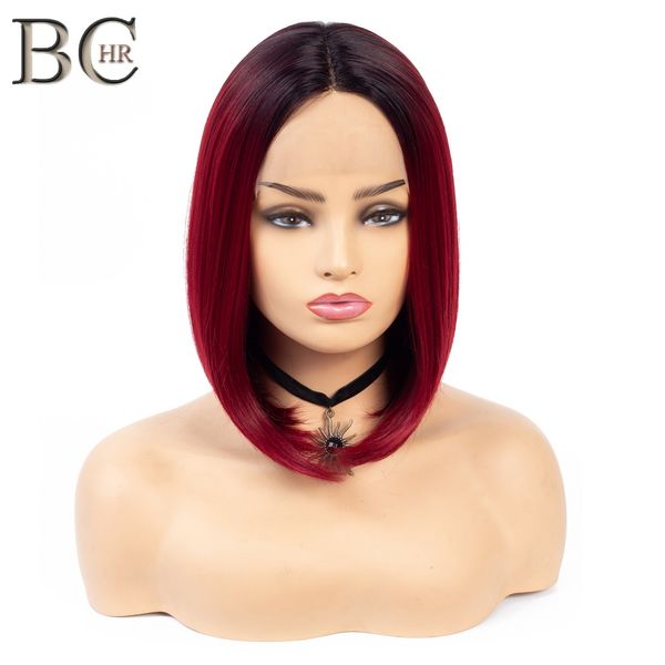 

lans short bob synthetic 13*4 lace front wig for women ombre black wine red wig ing
