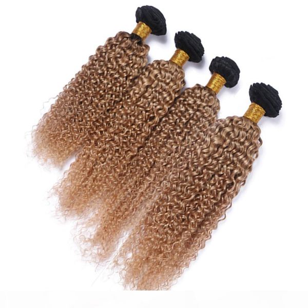 

virgin peruvian honey blonde ombre human hair weft extensions kinky curly #1b 27 light brown ombre human hair weave bundles 4pcs lot, Black;brown