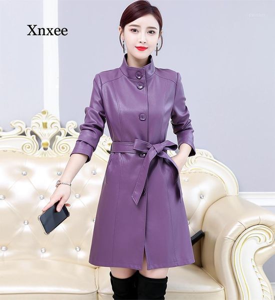 

2020 spring autumn fake leather coat womens plus size stand collar long parker women windbreaker jacket female belt jacket 7xl1, Black