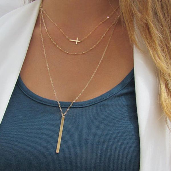 

pendant necklaces long layered necklace set of 3 sideways cross minimal kpop, Silver