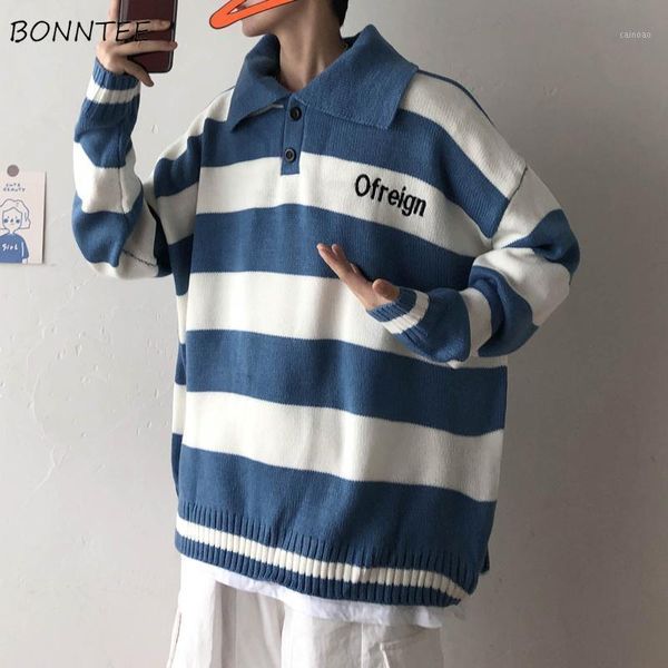 

men pullovers turn-down collar striped student lazy all-match ins knitted casual fashion korean style loose ulzzang male sweater1, White;black