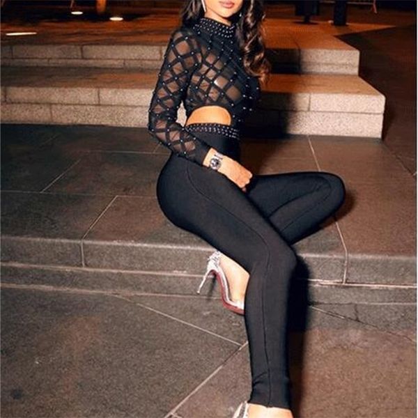 

black long sleeve beading hollow out rayon bandage jumpsuit cocktail party bodycon jumpsuit t200701, Black;white