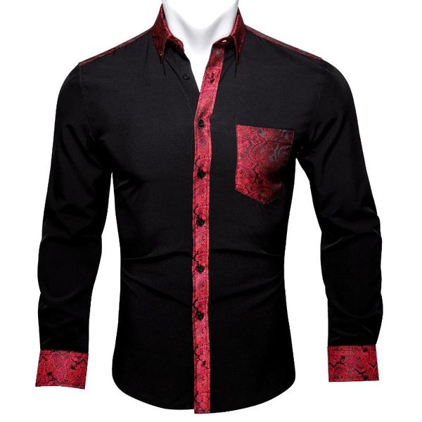 Camicie eleganti da uomo Barry.Wang Camicia da uomo a maniche lunghe con impunture floreali rosse solide nere Casual morbida per uomo Designer Fit BCY-0304