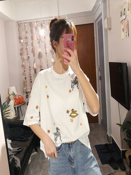 

2021 new spotted t cotton shirt sequins korean summer fashion regular short sleeve casual cool dpsv, White