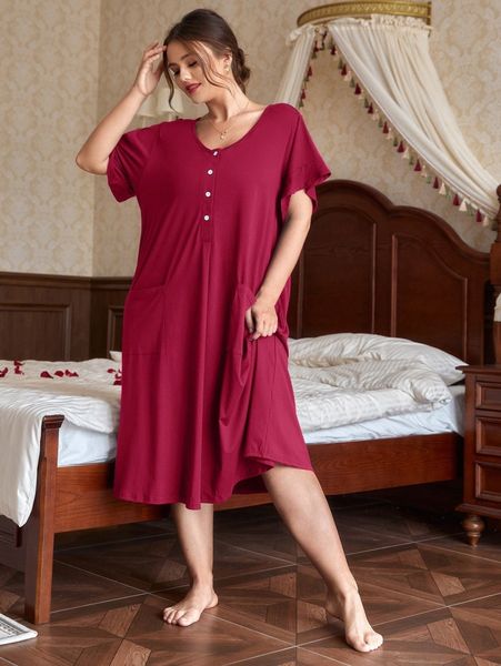 

plus half button dual pockets sleep dress a7fu#, Black;white