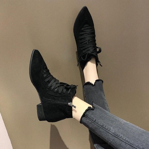 

cootelili laamei vintage women boots low heels womens cotton boots pointed toe plush mujer 2019 ankle casual fashion #c493, Black