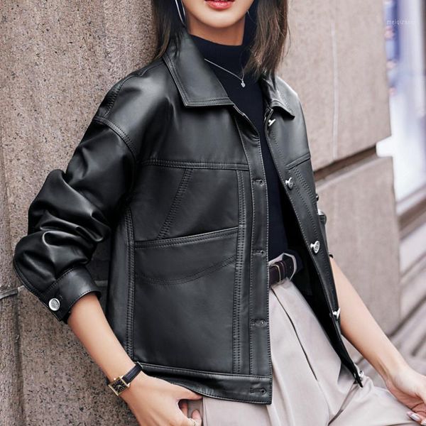 

2021 real sheepskin jacket women leather motorcycle jacket korean coats and jackets women clothes chaquetas para mujer wpy24521, Black