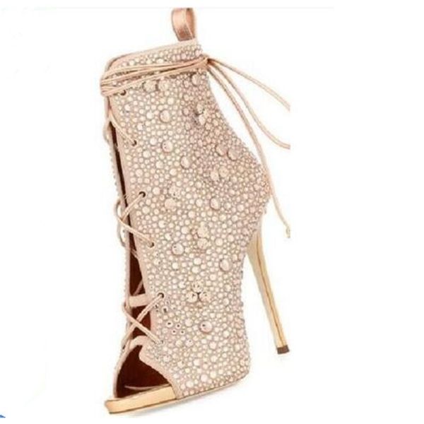 

2020 colors spring champagne/silver lace up toe ankle women super high heels high-heeled boots short 35-42 charm x001, Black