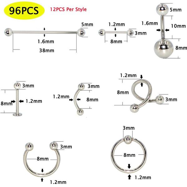 

96pcs body jewelry piercing lot steel nose horseshoe lip tongue eyebrow tragus body piercing navel belly ring barbell 14g 16g q sqcwqv, Silver