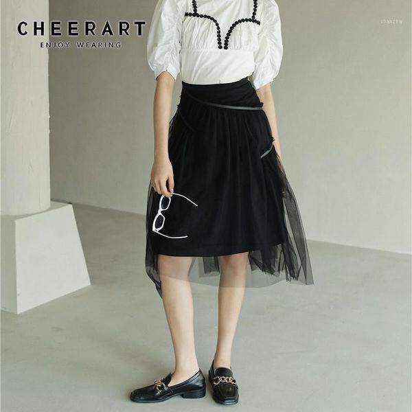 

cheerart black asymmetrical tiered mesh skirt women leather straps patchwork layered skirt high waist summer skirts 20201