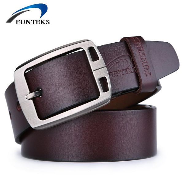 

funteks 100% cowhide genuine leather belts for men designer men's pin buckle belt men 2020 jeans strap, Black;brown