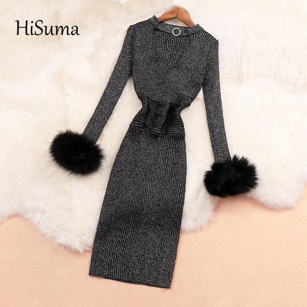 

2020 autumn winter new female chic v collar long sleeve bright silk knitted sheath dresses women's elegant sweater dress1, Black;gray