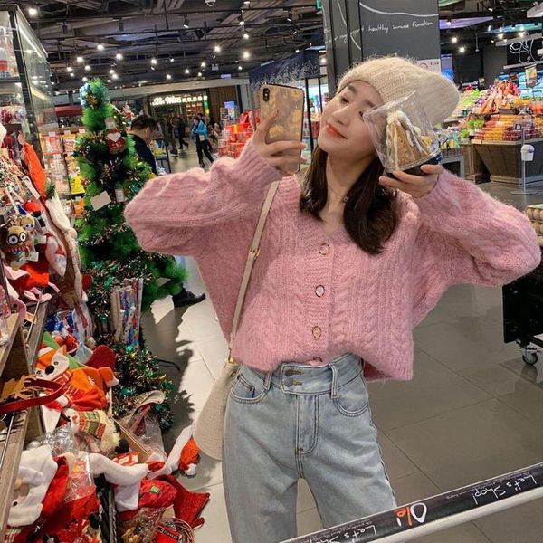 

2020 new loose lazy style v-neck sweater women's pink korean style outer wear knitted cardigan short coat fashion leisure, White