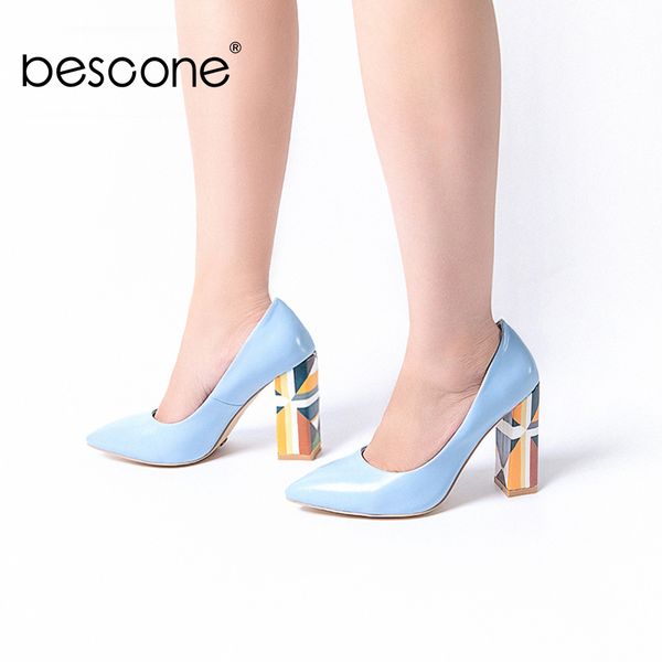 

bescone stylish women pumps slip-on shallow pattern square heel shoes basic pointed toe handmade dress ladies pumps by113 t200525, Black