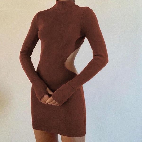 

women's fashion high neck halter tight-fitting bag hip solid color dress brown, Black;gray