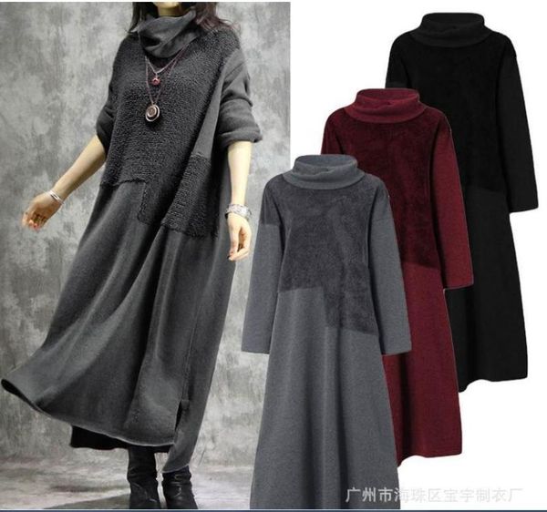 

women's dress 2021 autumn / winter new furry irregular stitching high neck long sleeve dress vestido de mujer woman, Black;gray