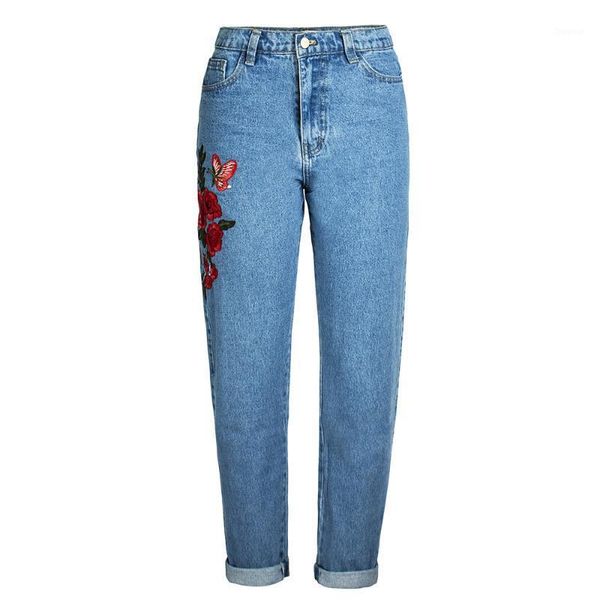 

2020 stylish flower embroidery jeans high waist boyfriend jeans for women fashion brand denim long pants plus size1, Blue