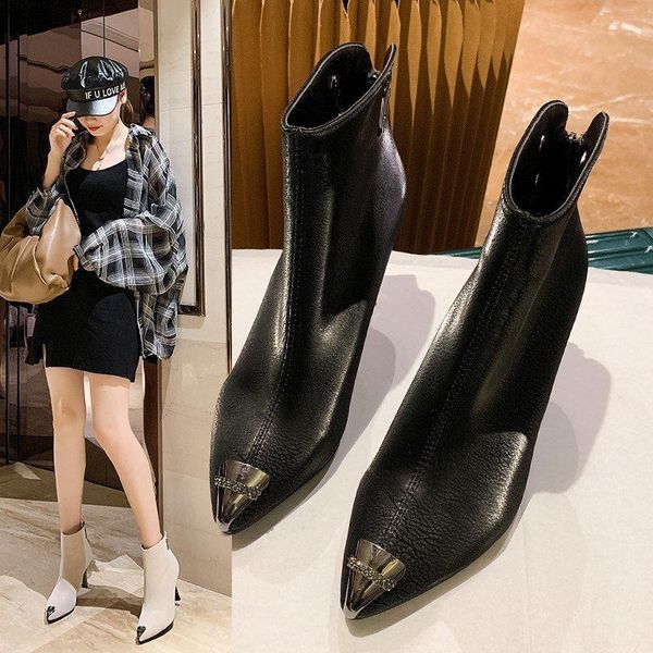 

boots heels shoes super high ankle metal pointed toe pumps thin heel dress red booties black botas mujer 8736l