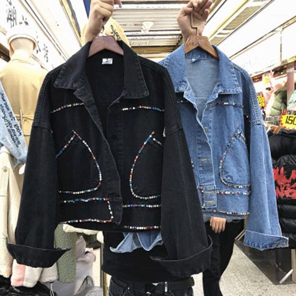 

new arriva 2020 denim women jacket fashion coat with diamonds decoration casaco feminino ladies jeans womens coat1, Black;brown