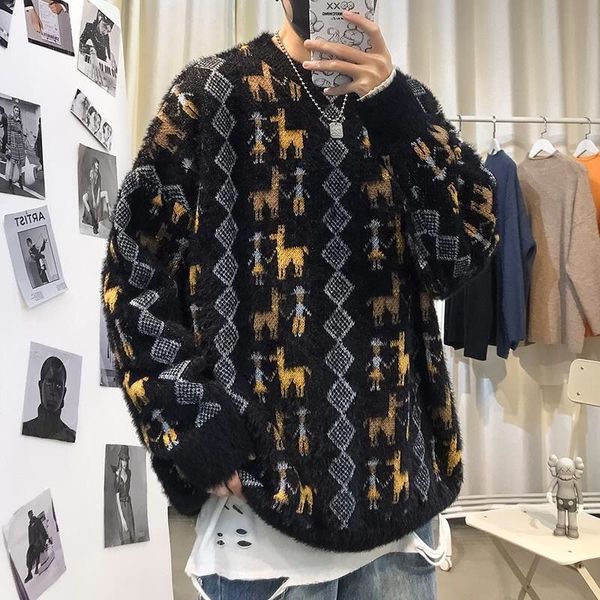 

2021 autumn winter round neck lazy wind thick male trend students sleeve sweater yo68, White;black
