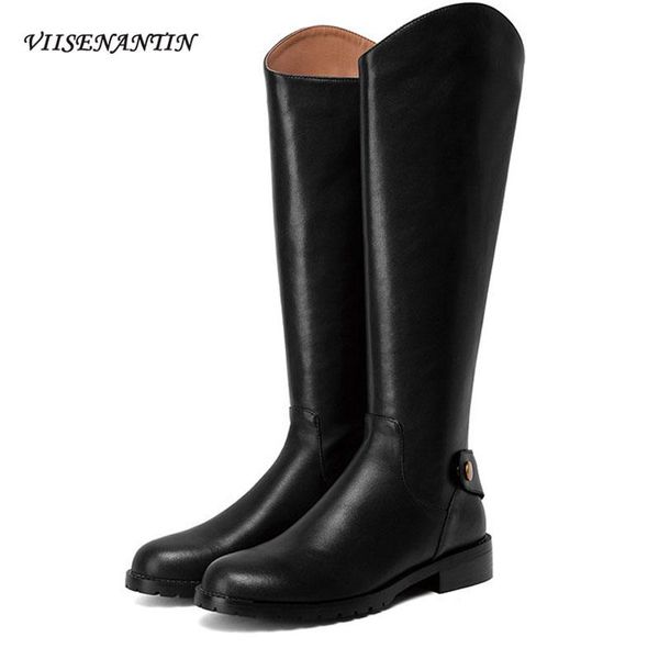 

straight round toe thick heel high tube handsome flat bottom british genuine leather western knight boots women fashion shoes, Black
