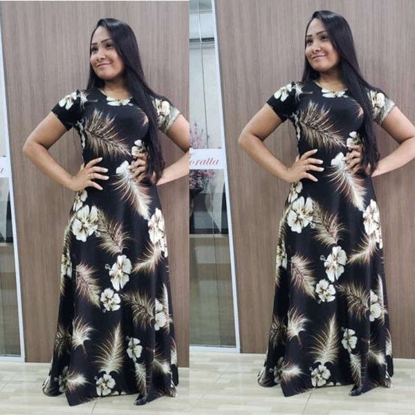 

print style digital 2019 splicing popular short sleeve long women's dress, Black;gray
